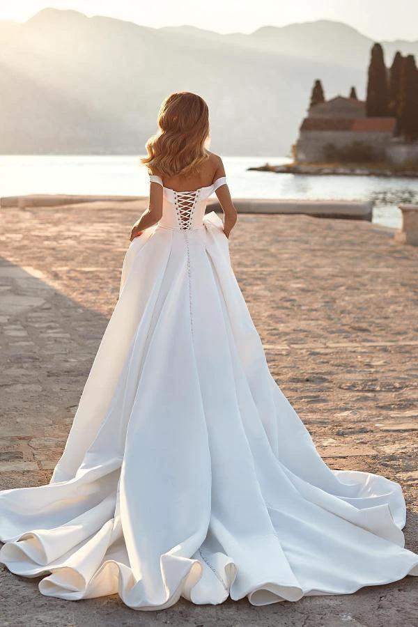 Modest Long A-line off the Shoulder Ruched Satin Wedding Dress with Crystals
