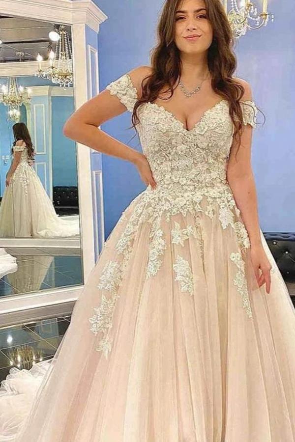 Modest Long A-line Off-the-Shoulder Tulle Lace Wedding Dress