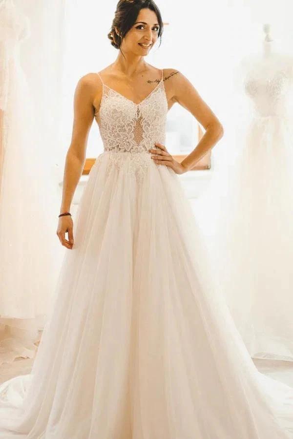 Modest Long A-line Spaghetti Straps Tulle Backless Wedding Dress