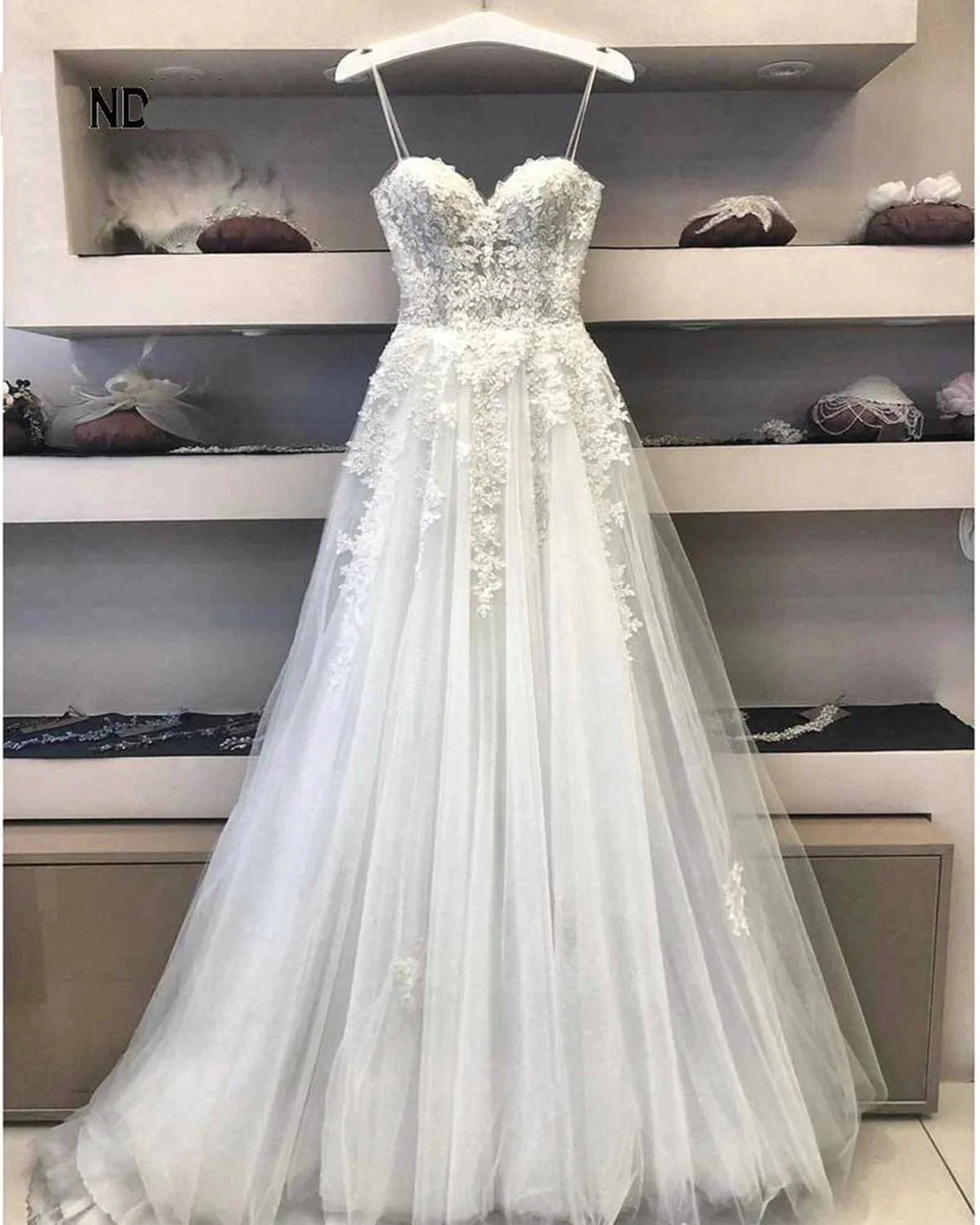 Modest Long A Line Sweetheart Lace Tulle Wedding Dress