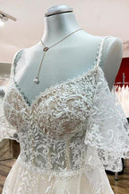 Modest Long A-line Sweetheart Tulle Lace Appliques Wedding Dress with Sleeves