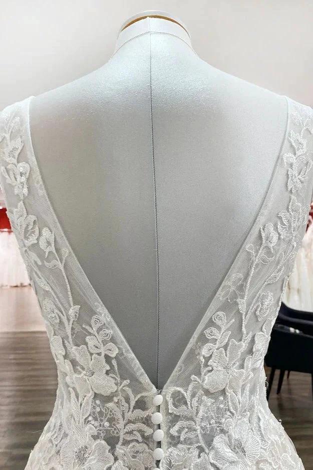 Modest Long A-line V-neck Open Back Tulle Wedding Dress with Appliques Lace