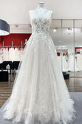 Modest Long A-line V-neck Open Back Tulle Wedding Dress with Appliques Lace
