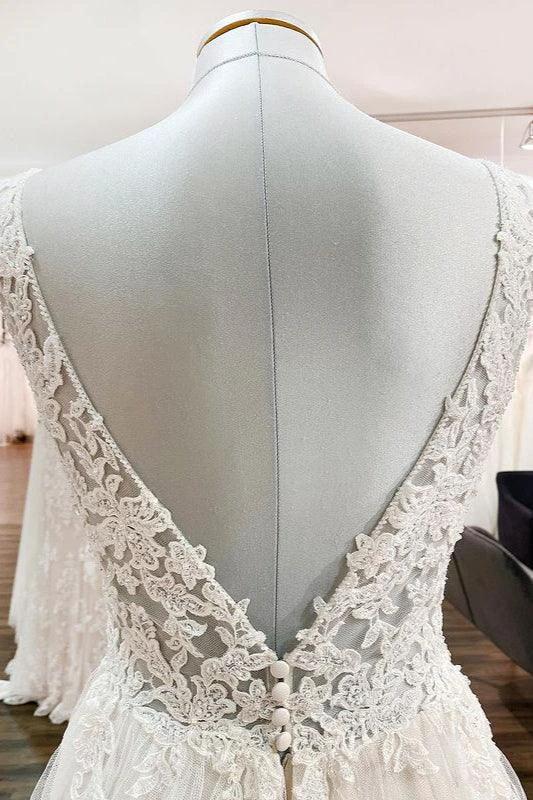 Modest Long A-line V-neck Tulle Ruffles Backless Wedding Dresses With Lace