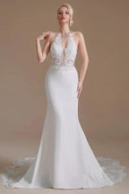 Modest Long Mermaid Halter Backless Satin Wedding Dresses with Appliques Lace