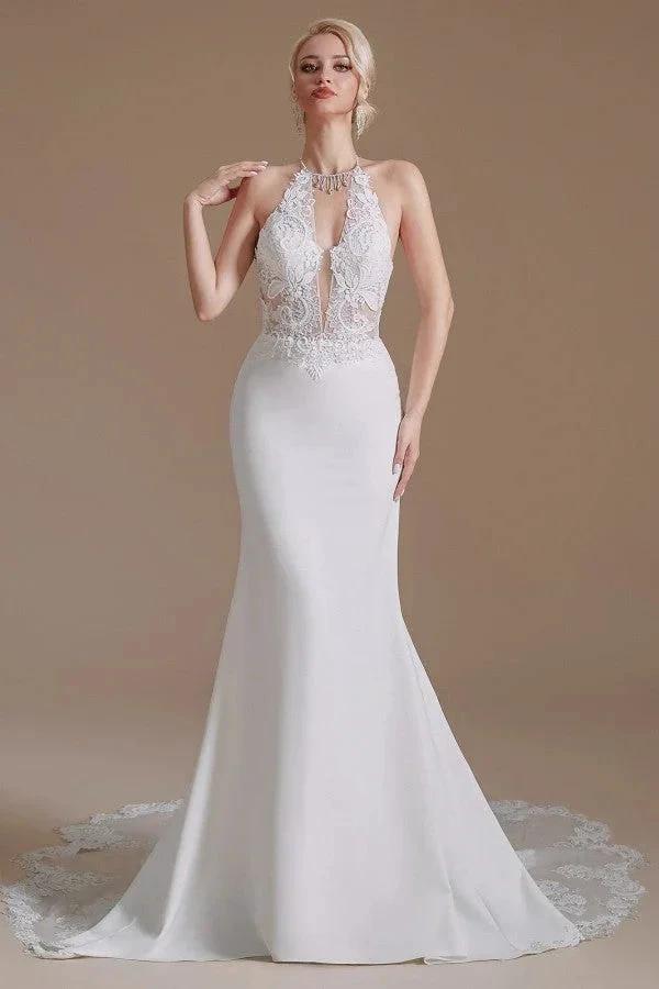 Modest Long Mermaid Halter Backless Satin Wedding Dresses with Appliques Lace