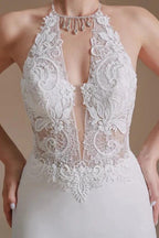Modest Long Mermaid Halter Backless Satin Wedding Dresses with Appliques Lace