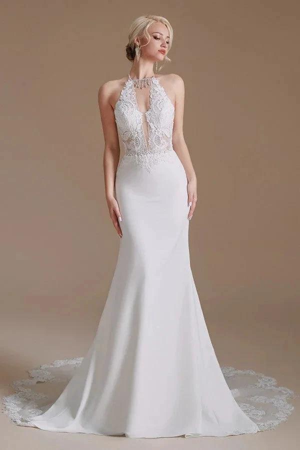 Modest Long Mermaid Halter Backless Satin Wedding Dresses with Appliques Lace