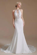 Modest Long Mermaid Halter Backless Satin Wedding Dresses with Appliques Lace