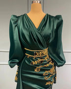 Modest Long Mermaid Satin Beading V-neck Prom Dress with Sleeves