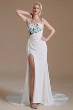 Modest Long Mermaid Satin Spaghetti Straps Open Back Wedding Dress with slit