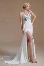 Modest Long Mermaid Satin Spaghetti Straps Open Back Wedding Dress with slit