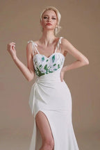 Modest Long Mermaid Satin Spaghetti Straps Open Back Wedding Dress with slit