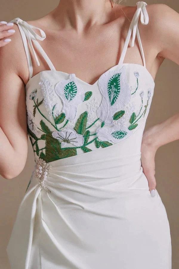 Modest Long Mermaid Satin Spaghetti Straps Open Back Wedding Dress with slit
