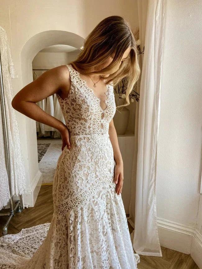 Modest Long Mermaid V-neck Open Back Lace Wedding Dress