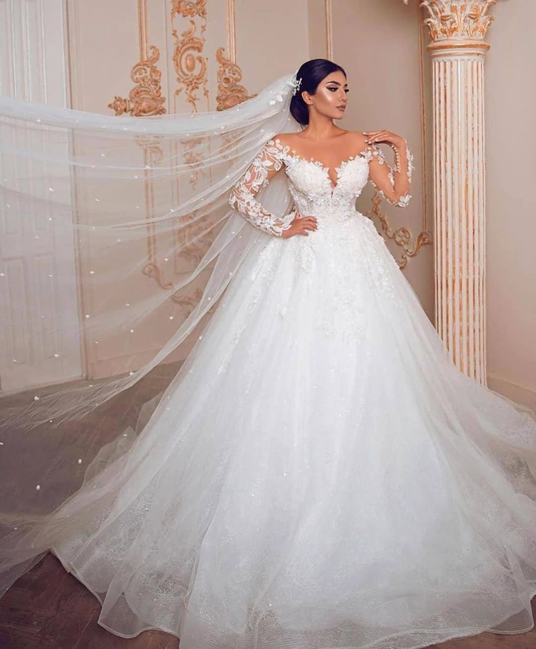 Modest Long Princess Tulle Lace Wedding Dress with Sleeves