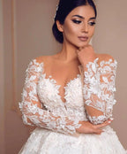 Modest Long Princess Tulle Lace Wedding Dress with Sleeves