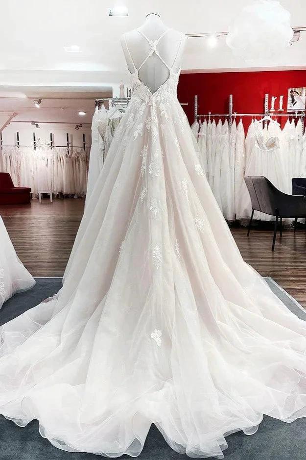 Modest Long Princess V-neck Tulle Spaghetti Straps Wedding Dress with Lace