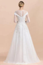 Modest White Beaded Appliques Wedding Dress Long Sleeve Floor Length Ball Gown