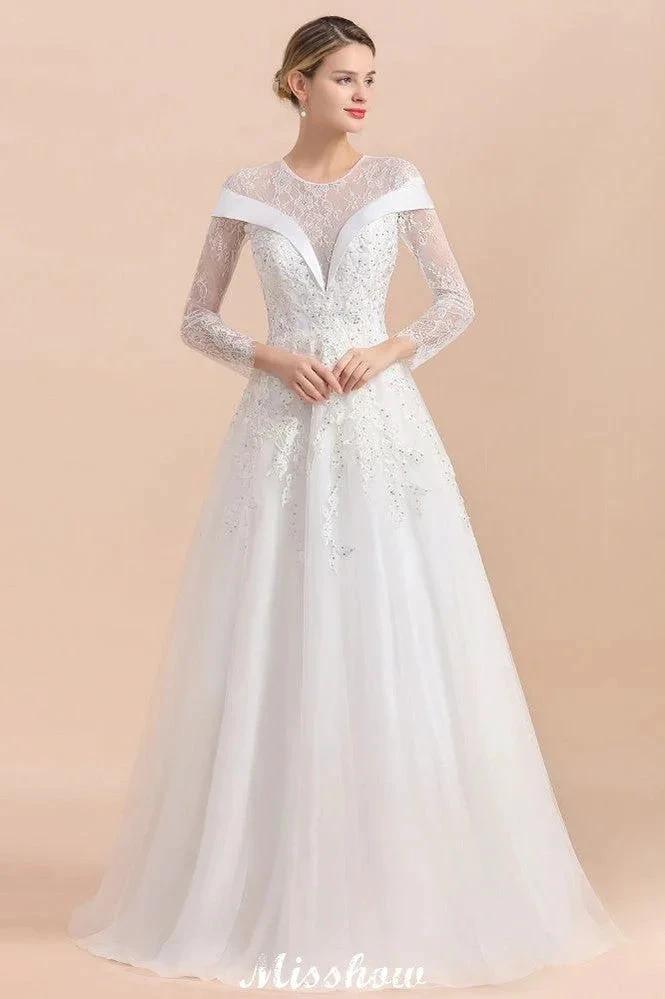 Modest White Beaded Appliques Wedding Dress Long Sleeve Floor Length Ball Gown