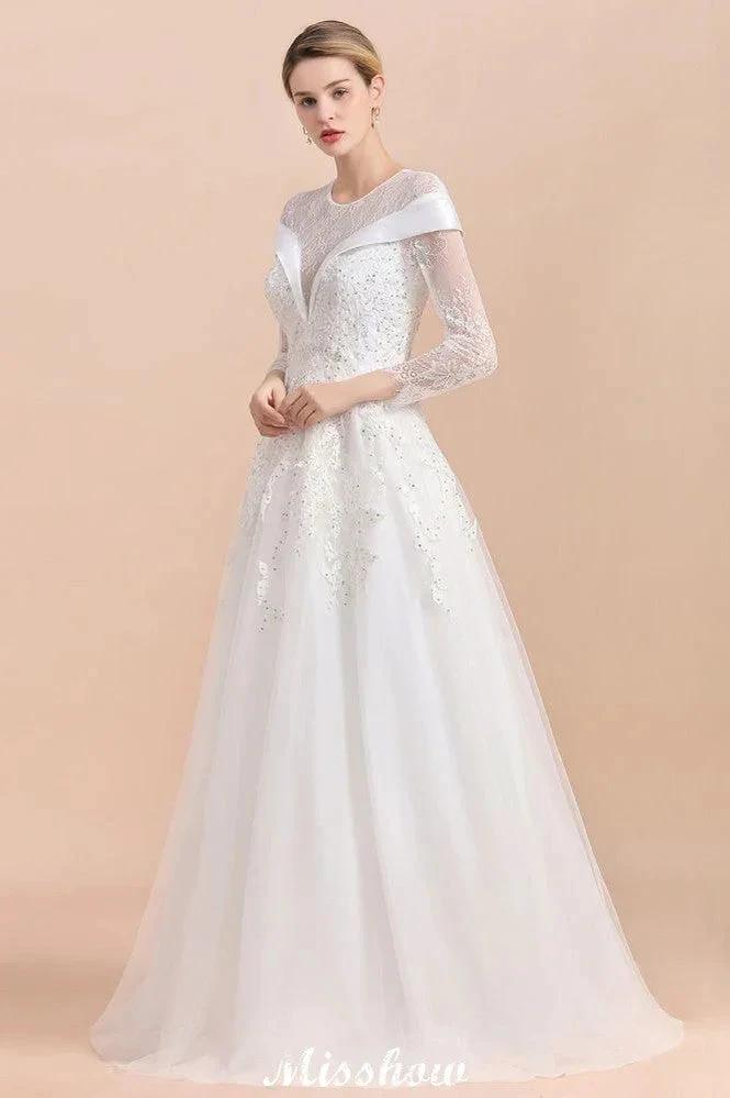 Modest White Beaded Appliques Wedding Dress Long Sleeve Floor Length Ball Gown