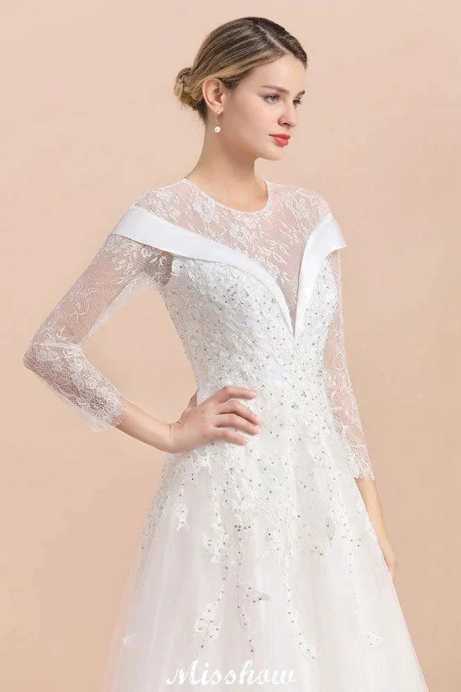 Modest White Beaded Appliques Wedding Dress Long Sleeve Floor Length Ball Gown