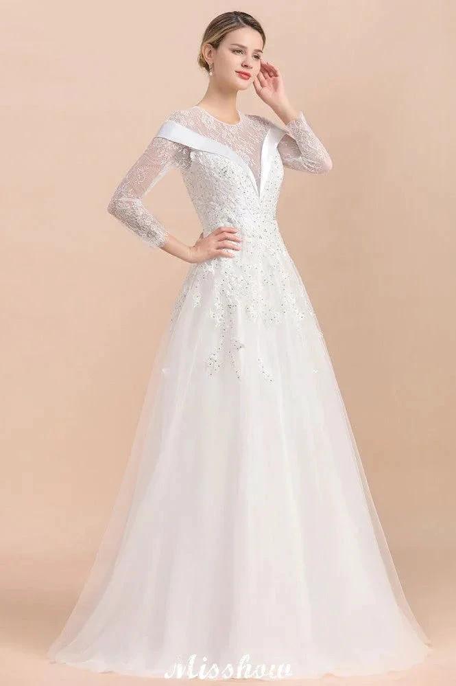 Modest White Beaded Appliques Wedding Dress Long Sleeve Floor Length Ball Gown