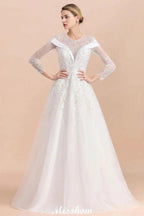 Modest White Beaded Appliques Wedding Dress Long Sleeve Floor Length Ball Gown