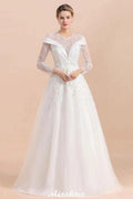 Modest White Beaded Appliques Wedding Dress Long Sleeve Floor Length Ball Gown
