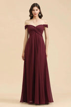 New Arrival A-line Off-the-shoulder Sweetheart Burgundy Long Bridesmaid Dress