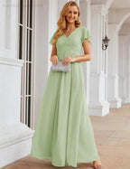 Numbersea Chiffon Bridesmaid Dress Cap Sleeves Maxi Prom Gowns Party Wedding Mother of The Bride Dresses for Women SEA28047