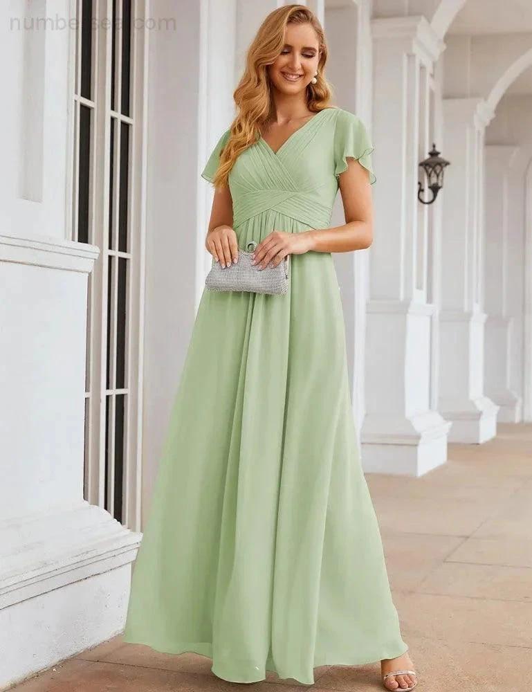 Numbersea Chiffon Bridesmaid Dress Cap Sleeves Maxi Prom Gowns Party Wedding Mother of The Bride Dresses for Women SEA28047