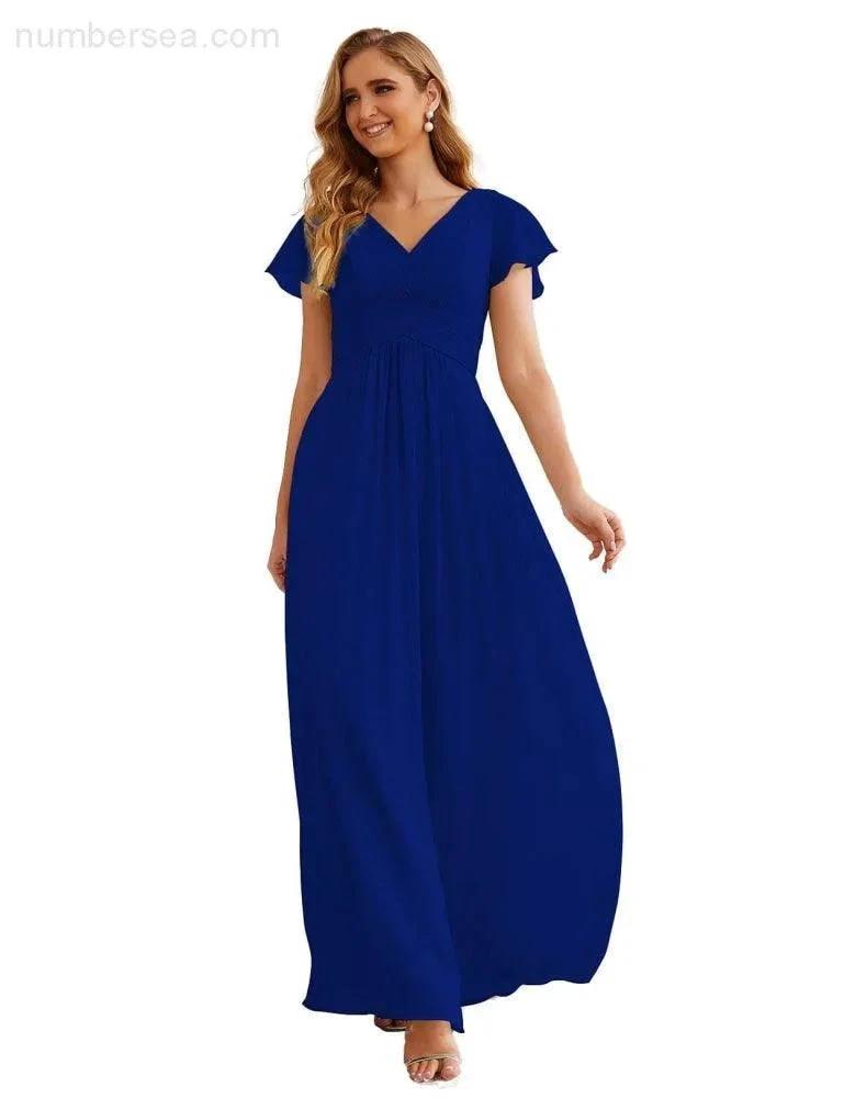 Numbersea Chiffon Bridesmaid Dress Cap Sleeves Maxi Prom Gowns Party Wedding Mother of The Bride Dresses for Women SEA28047