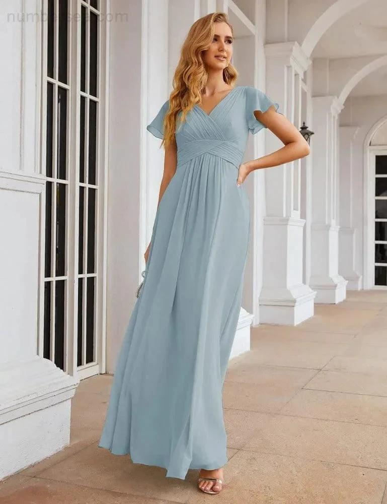 Numbersea Chiffon Bridesmaid Dress Cap Sleeves Maxi Prom Gowns Party Wedding Mother of The Bride Dresses for Women SEA28047