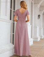Numbersea Chiffon Bridesmaid Dress Cap Sleeves Maxi Prom Gowns Party Wedding Mother of The Bride Dresses for Women SEA28047