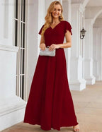 Numbersea Chiffon Bridesmaid Dress Cap Sleeves Maxi Prom Gowns Party Wedding Mother of The Bride Dresses for Women SEA28047
