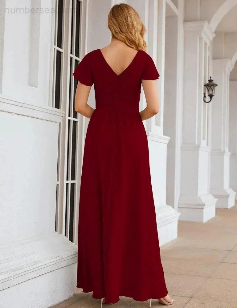 Numbersea Chiffon Bridesmaid Dress Cap Sleeves Maxi Prom Gowns Party Wedding Mother of The Bride Dresses for Women SEA28047