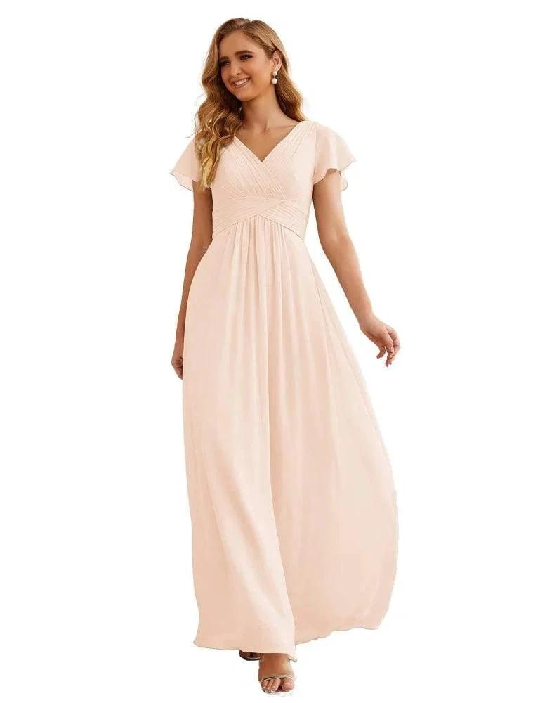 Numbersea Chiffon Bridesmaid Dress Cap Sleeves Maxi Prom Gowns Party Wedding Mother of The Bride Dresses for Women SEA28047