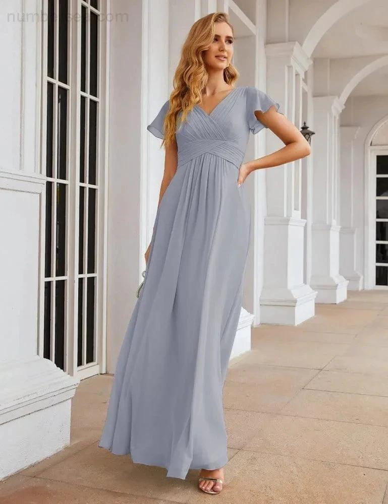 Numbersea Chiffon Bridesmaid Dress Cap Sleeves Maxi Prom Gowns Party Wedding Mother of The Bride Dresses for Women SEA28047