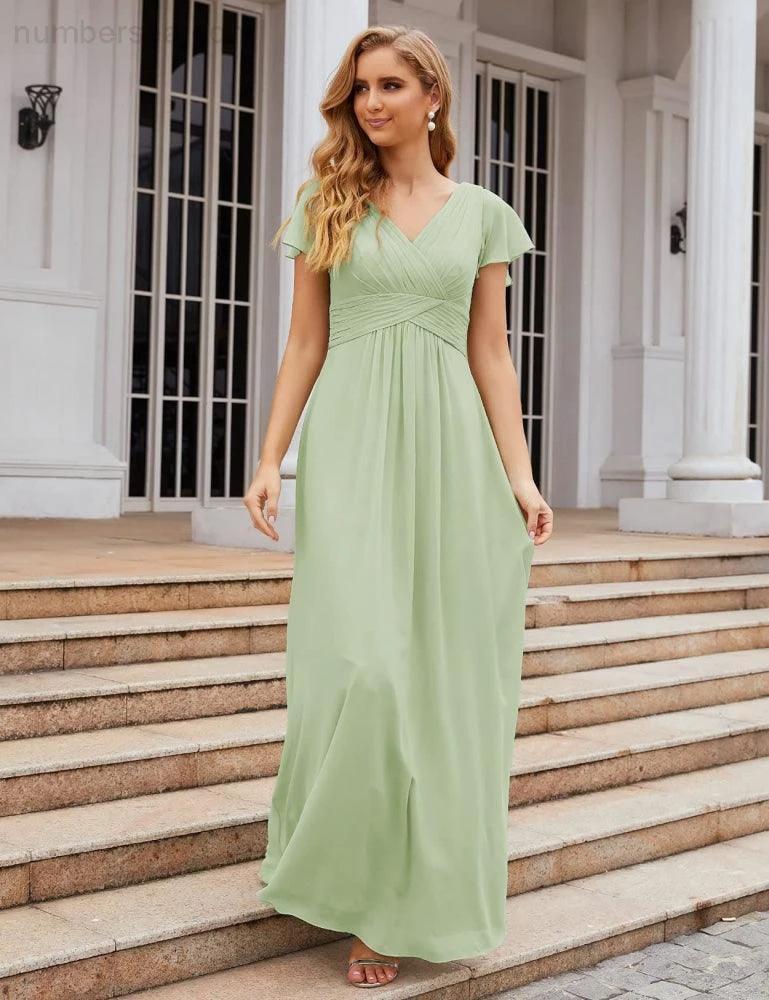 Numbersea Chiffon Bridesmaid Dress Cap Sleeves Maxi Prom Gowns Party Wedding Mother of The Bride Dresses for Women SEA28047
