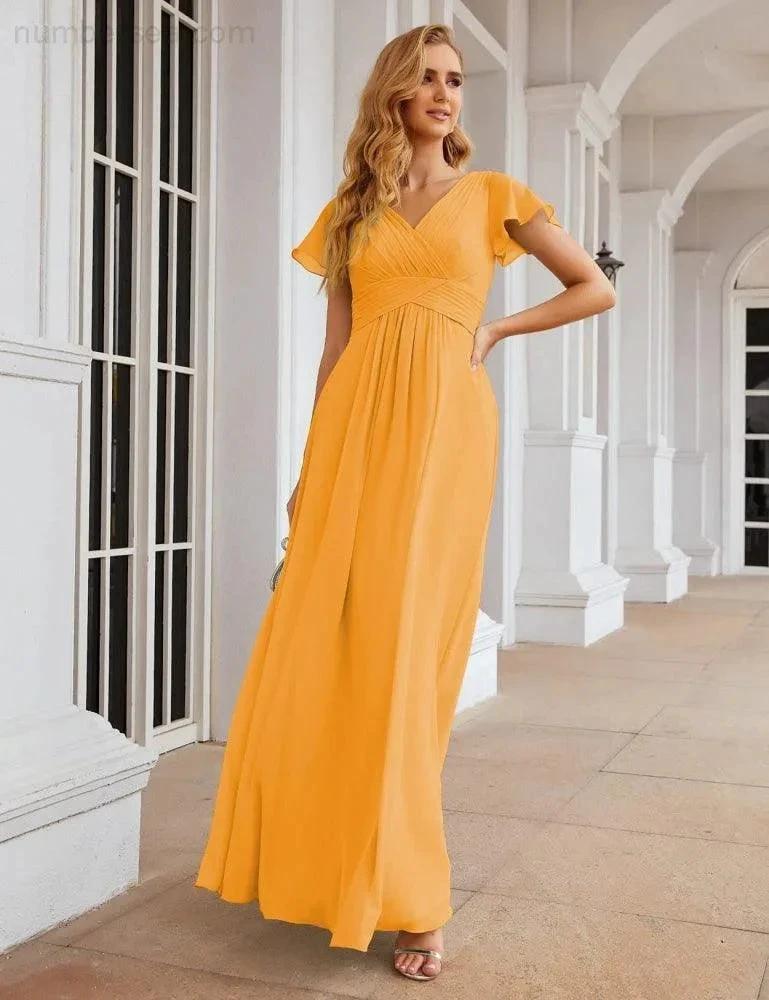 Numbersea Chiffon Bridesmaid Dress Cap Sleeves Maxi Prom Gowns Party Wedding Mother of The Bride Dresses for Women SEA28047