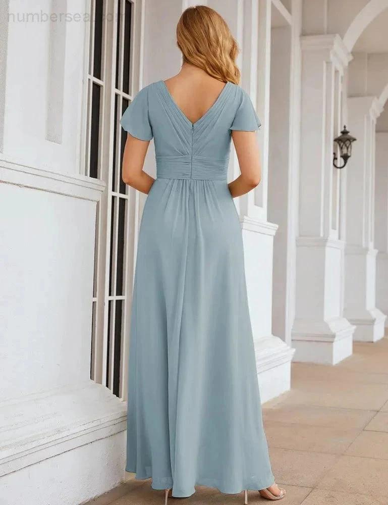 Numbersea Chiffon Bridesmaid Dress Cap Sleeves Maxi Prom Gowns Party Wedding Mother of The Bride Dresses for Women SEA28047