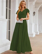 Numbersea Chiffon Bridesmaid Dress Cap Sleeves Maxi Prom Gowns Party Wedding Mother of The Bride Dresses for Women SEA28047