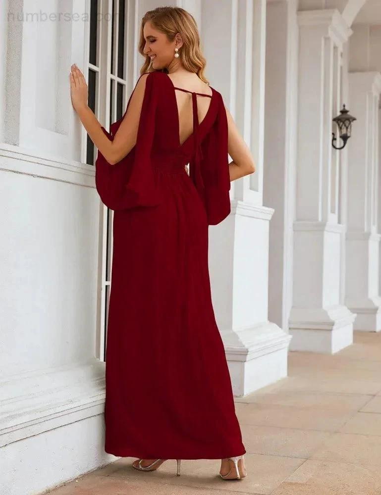 Numbersea Chiffon Bridesmaid Dresses with Split for Women Wedding Long Party Prom Gown Flutter Sleeve SEA28045