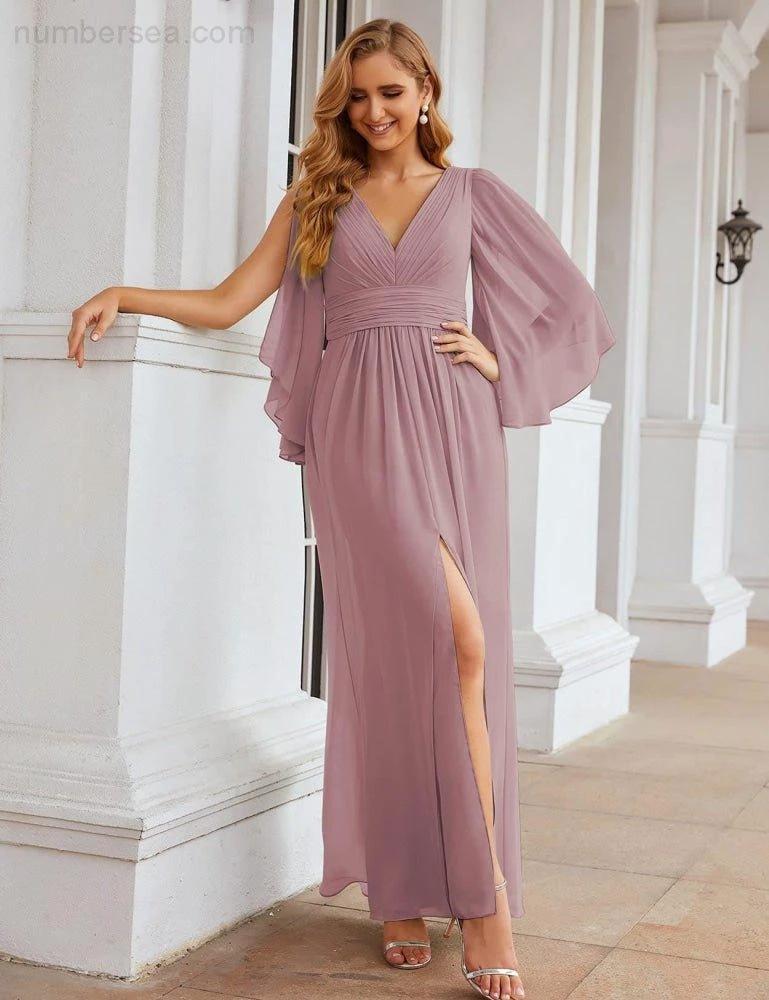 Numbersea Chiffon Bridesmaid Dresses with Split for Women Wedding Long Party Prom Gown Flutter Sleeve SEA28045