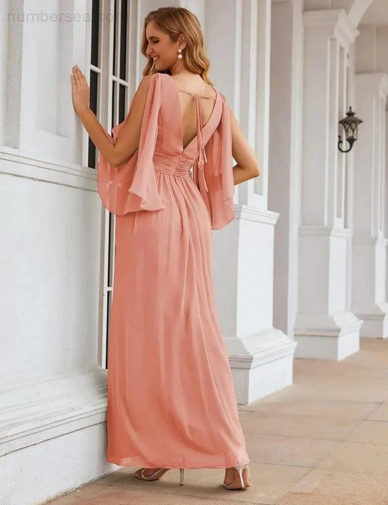 Numbersea Chiffon Bridesmaid Dresses with Split for Women Wedding Long Party Prom Gown Flutter Sleeve SEA28045