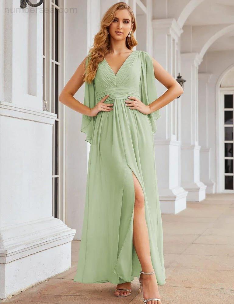 Numbersea Chiffon Bridesmaid Dresses with Split for Women Wedding Long Party Prom Gown Flutter Sleeve SEA28045