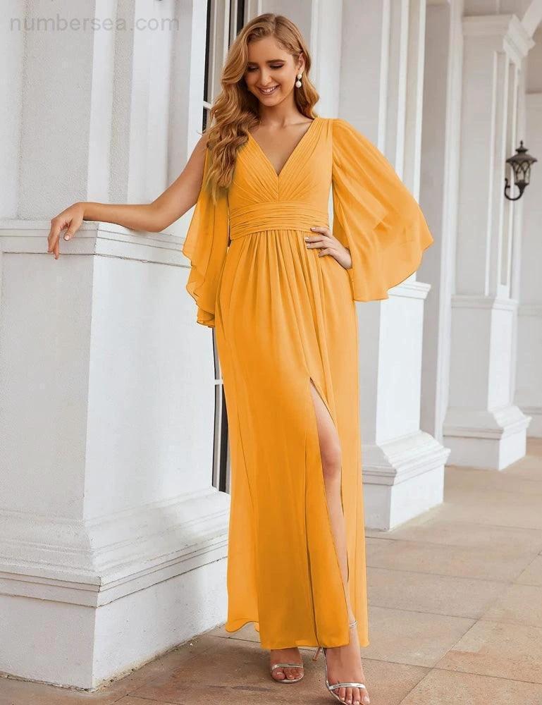 Numbersea Chiffon Bridesmaid Dresses with Split for Women Wedding Long Party Prom Gown Flutter Sleeve SEA28045