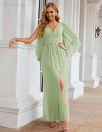 Numbersea Chiffon Bridesmaid Dresses with Split for Women Wedding Long Party Prom Gown Flutter Sleeve SEA28045