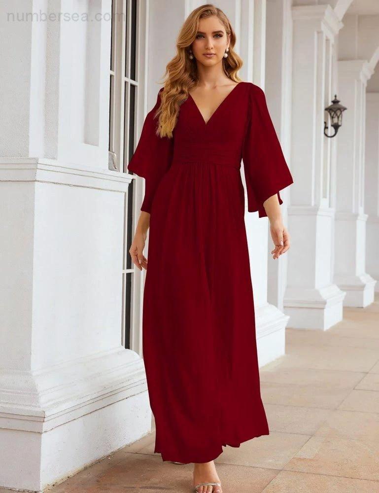 Numbersea Chiffon Bridesmaid Dresses with Split for Women Wedding Long Party Prom Gown Flutter Sleeve SEA28045